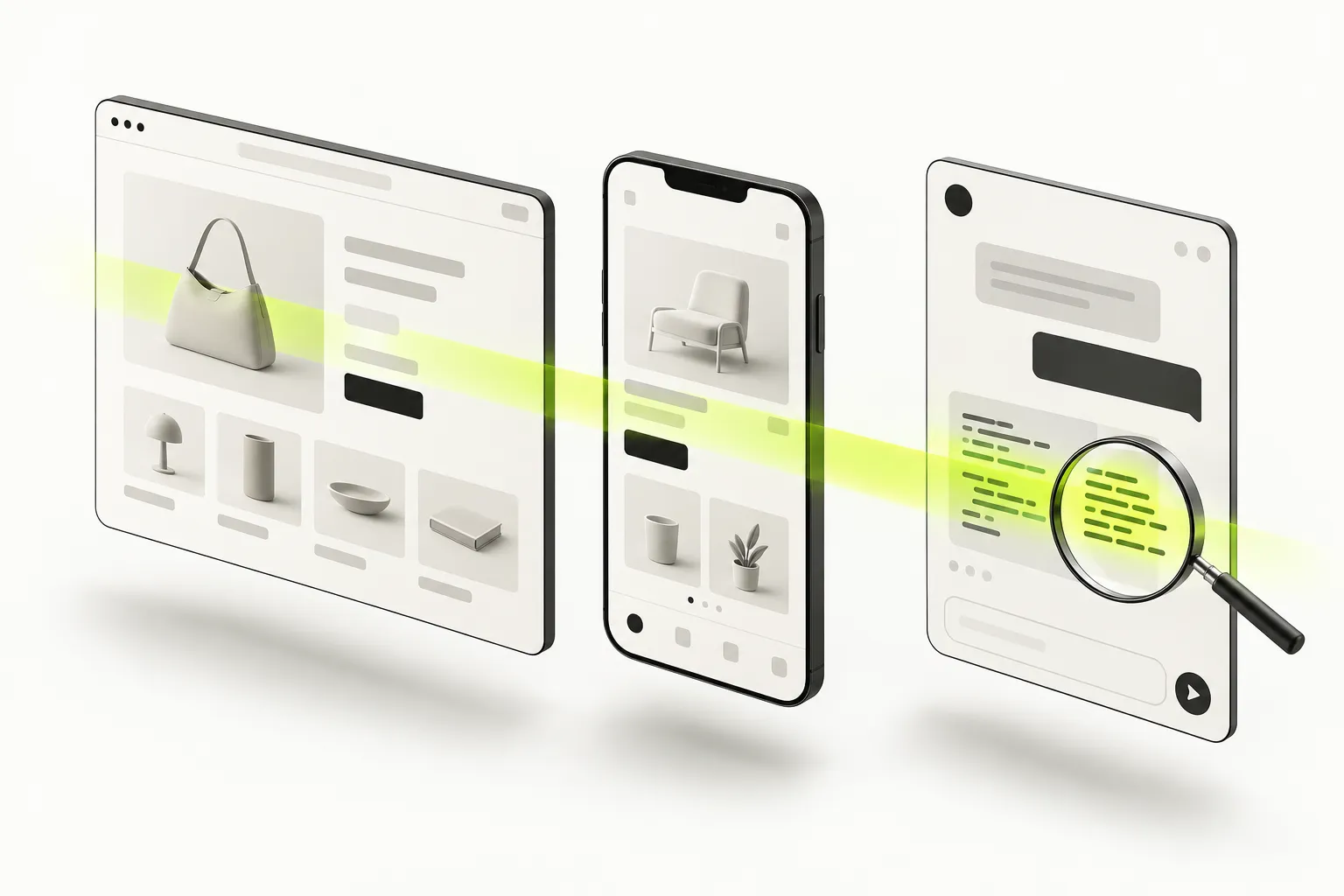 Illustration: Sicherheitsprüfung von Onlineshop, App und KI-Chatbot in English