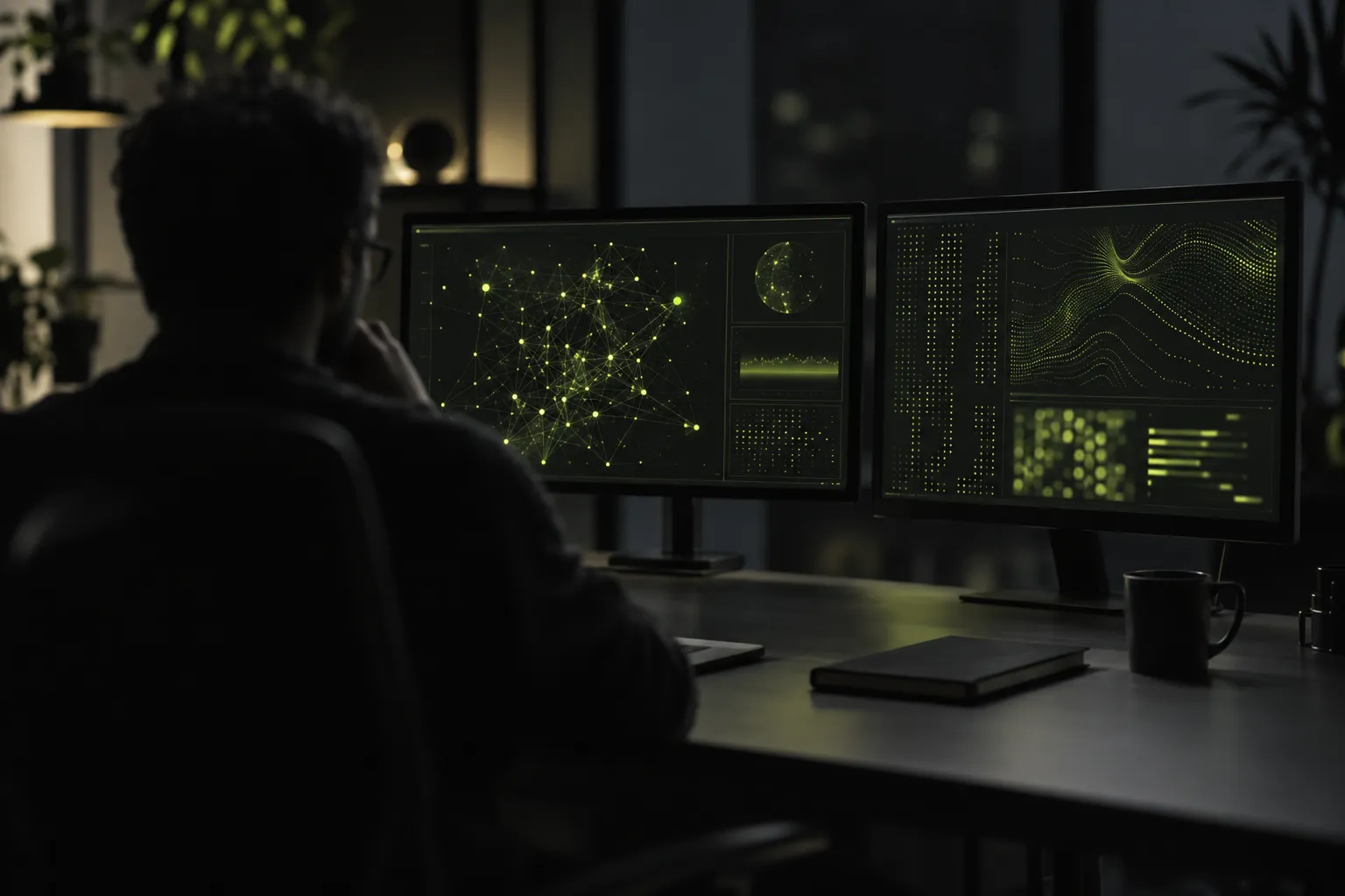Security-Spezialist am Arbeitsplatz mit Netzwerk-Analysen auf zwei Bildschirmen in English
