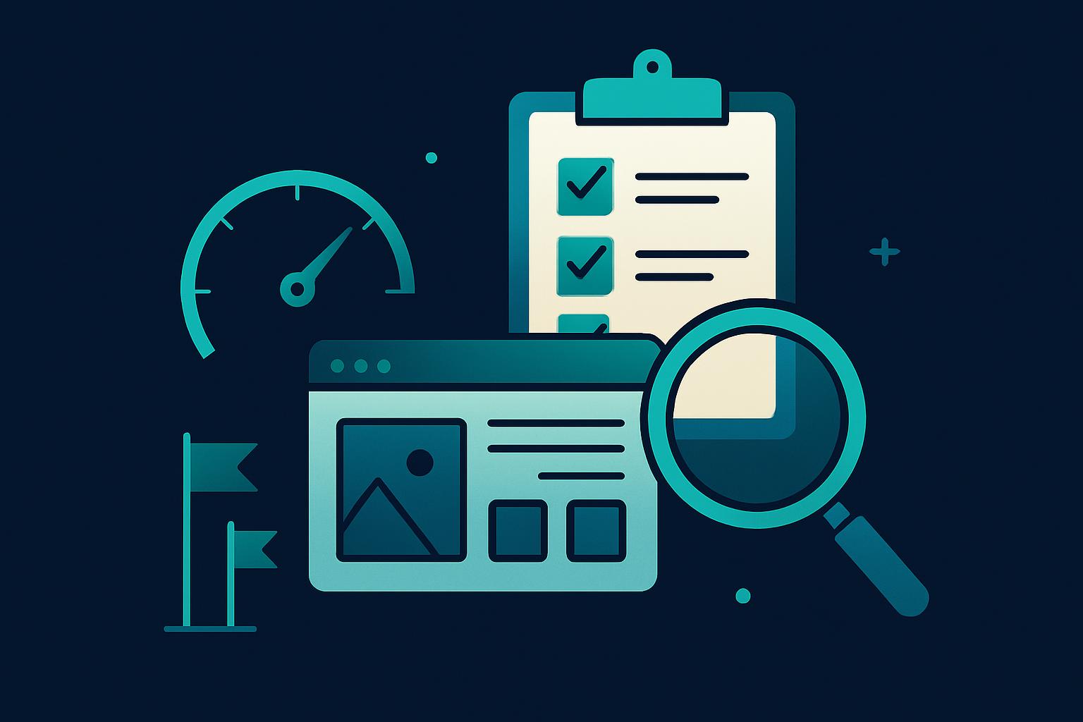 Illustration einer Website-Analyse: Lupe über einem Browserfenster, verbunden mit Diagrammen und vernetzten Datenpunkten in English
