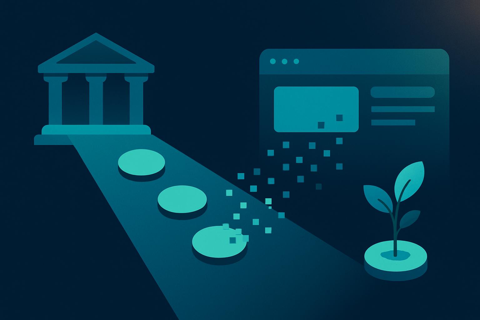 Illustration: Fördermittel fließen in ein Digitalisierungsprojekt — Dokument mit Siegel, Pfeil, Shop und Zahnräder in English