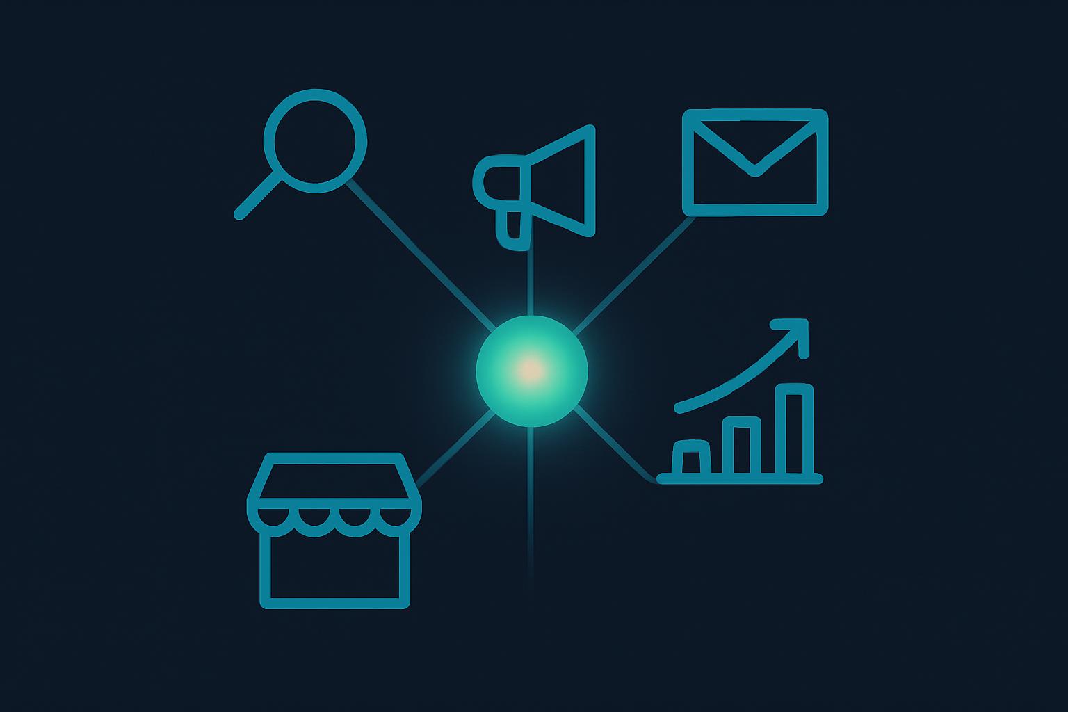 Illustration: Online-Marketing-Kanäle wie SEO, Ads und Social Media laufen in einer zentralen Strategie zusammen in English