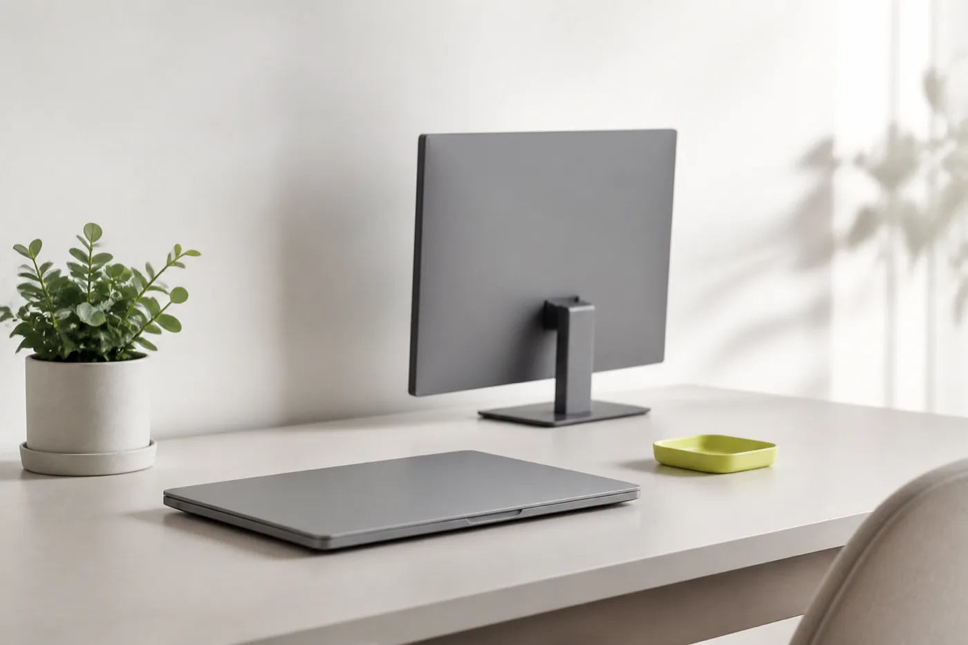 Aufgeräumter Schreibtisch mit Laptop und externem Monitor
