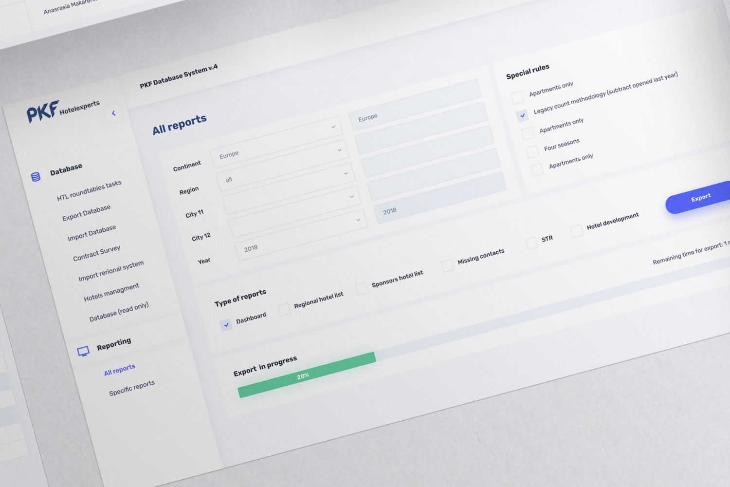 Interface of the research tools for PKF Hospitality: exporting reports by region, year and report type