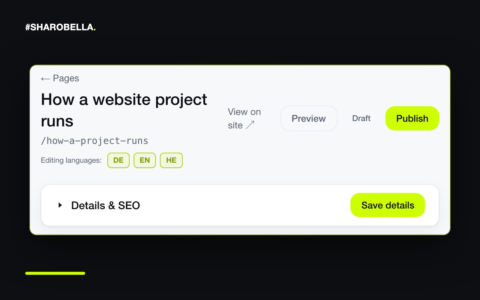 Excerpt from the CMS: a sample draft with the status “Draft” and a “Publish” button